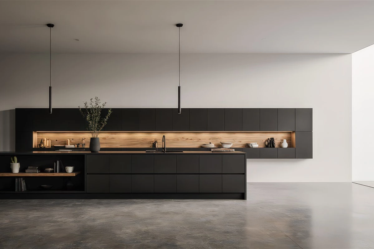 Recessed plinth floating kitchen island with integrated LED lighting