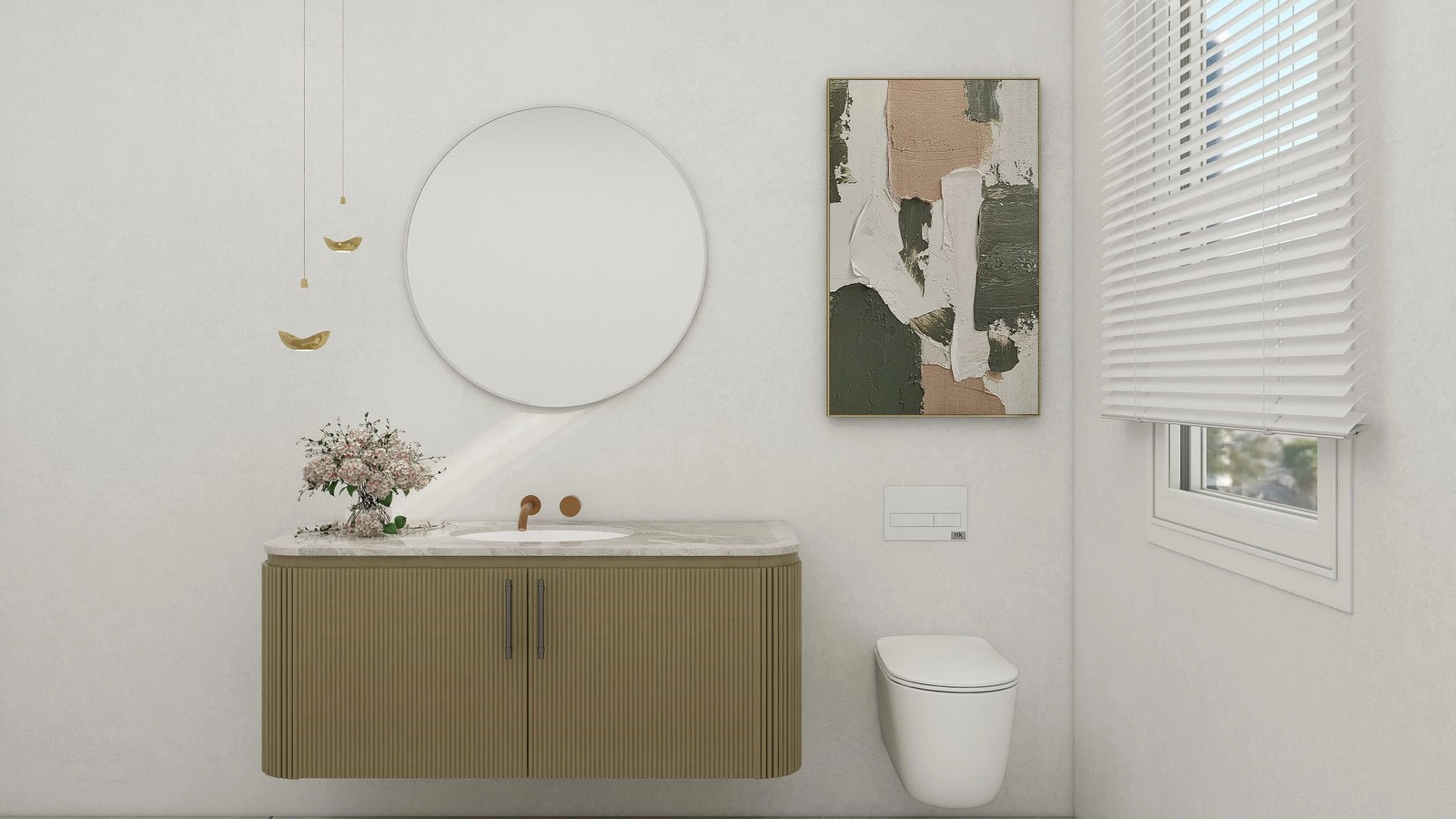 Floating resort bathroom vanity with circular mirror and metal details