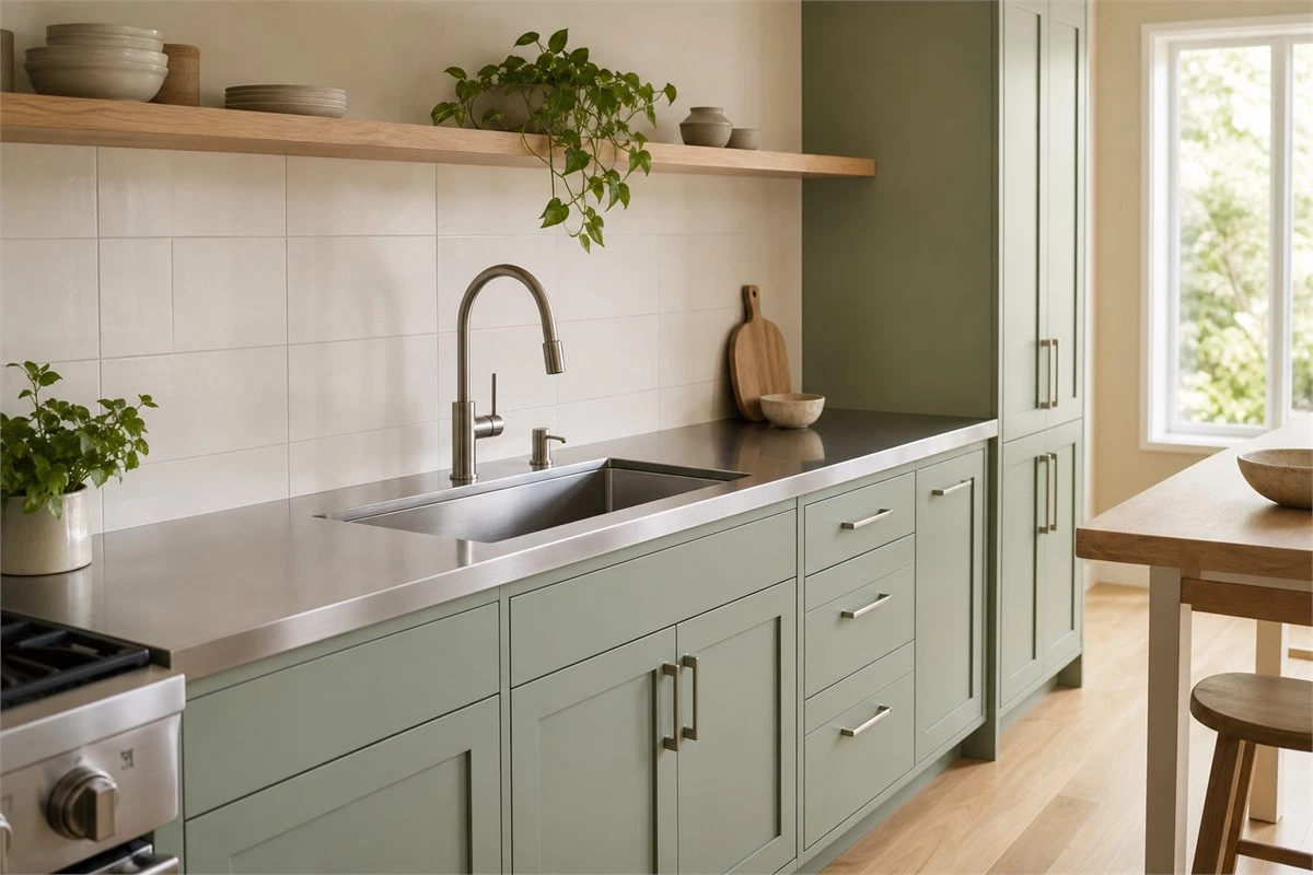 Sage green kitchen with stainless steel countertop beside the sink