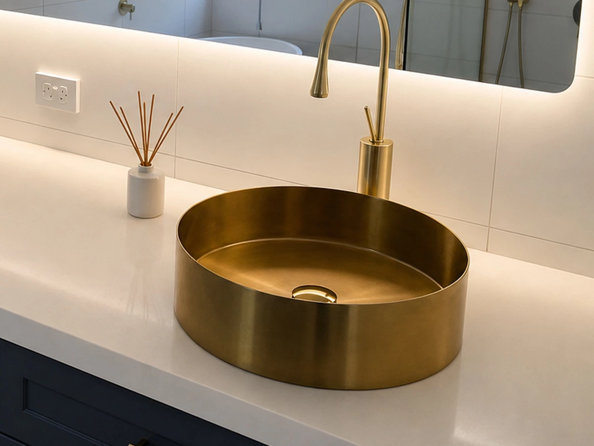 Brushed gold countertop basin and faucet detail in the Australia villa