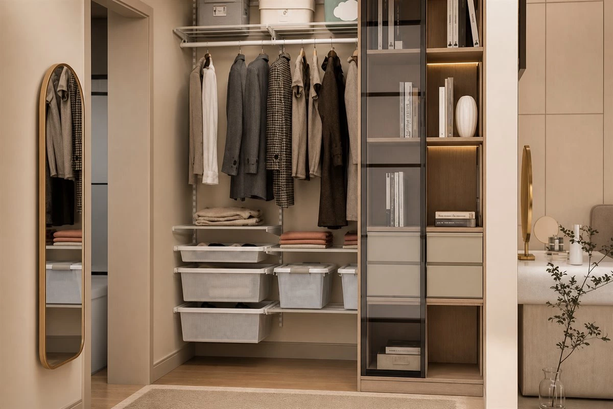 His and hers walk-in closet design with shared custom wardrobe storage