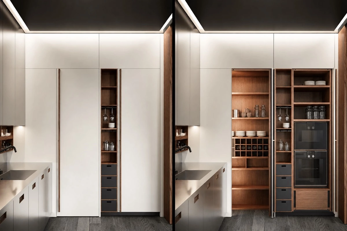 Solid wood and stainless steel cabinet storage system