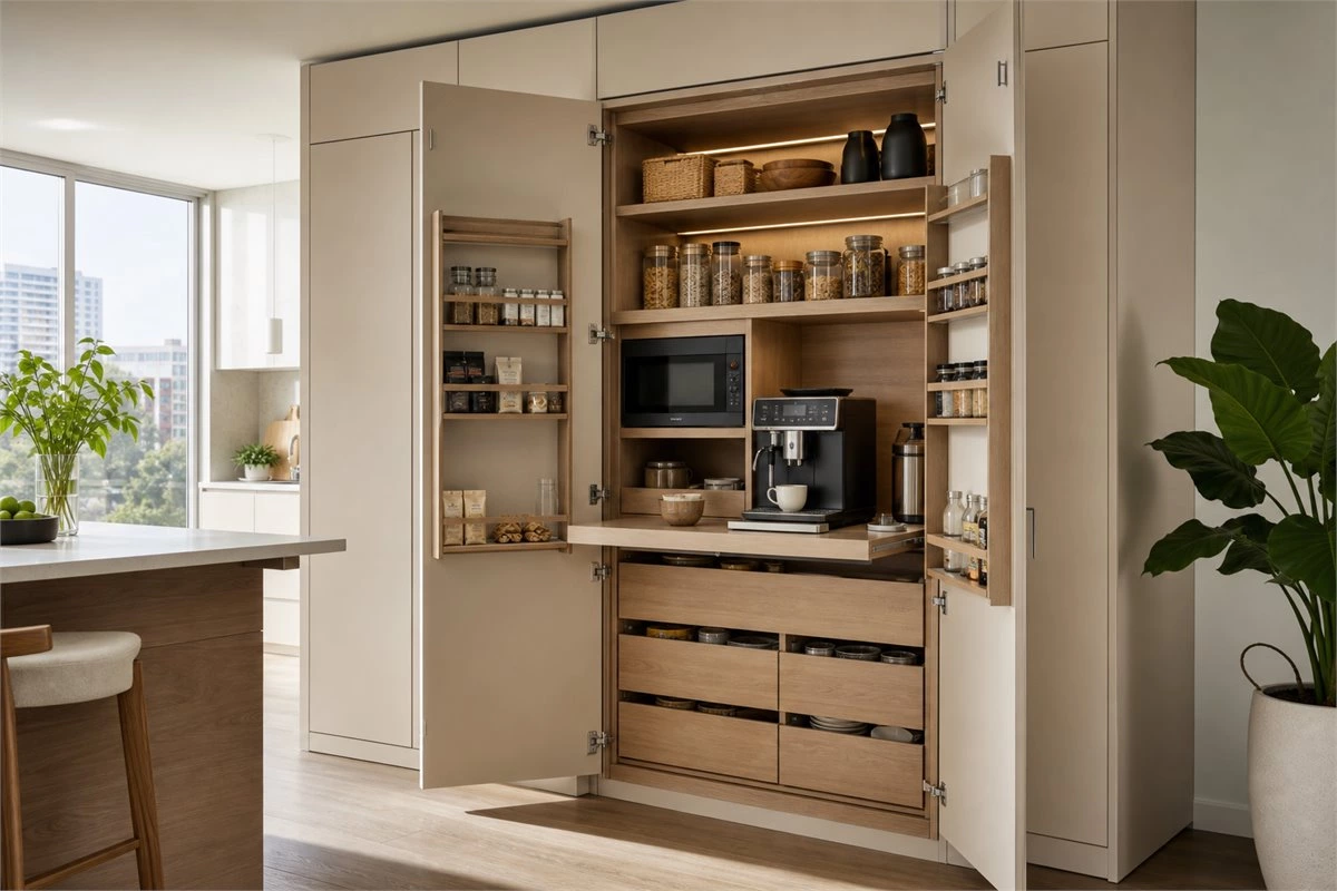 Tall pantry kitchen appliance garage with organized storage