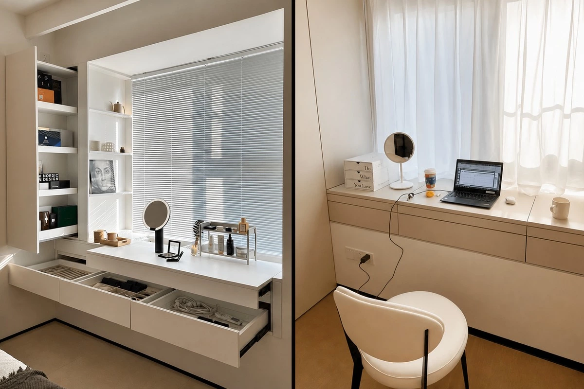 Window nook pull-out drawer desk for a compact bedroom