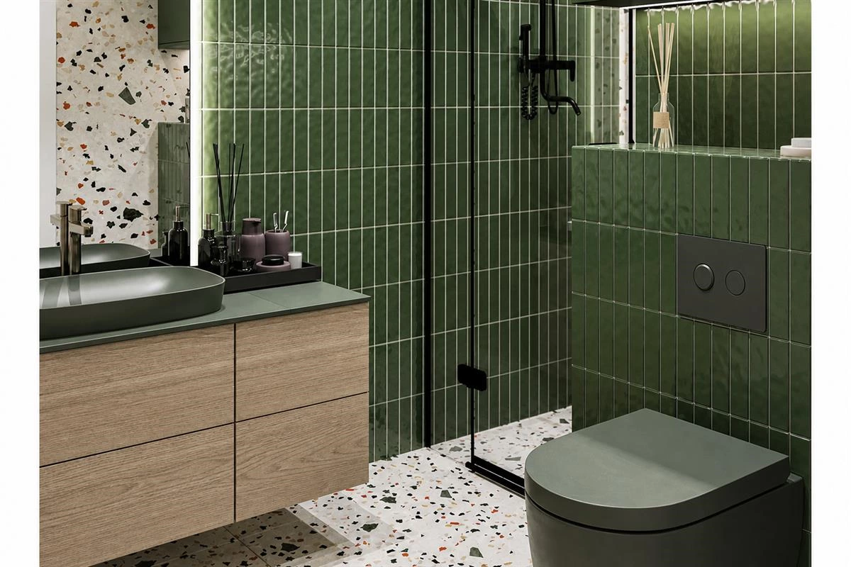 Accessible bathroom vanity layout with clear movement space