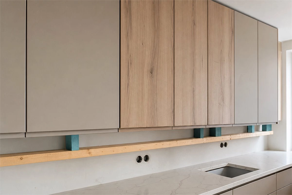 Modern wall cabinets aligned on a temporary support board during secure installation