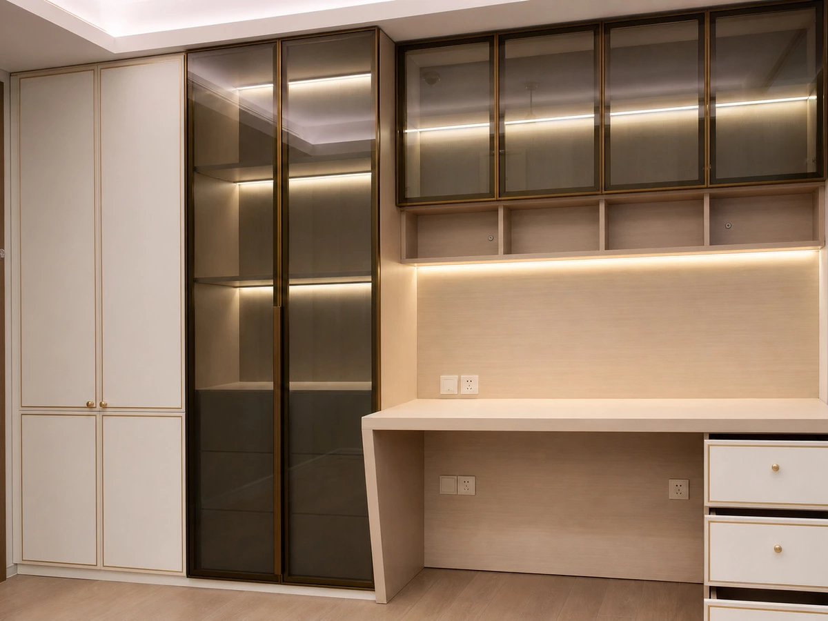 Glass-door display cabinet with interior shelves and lighting