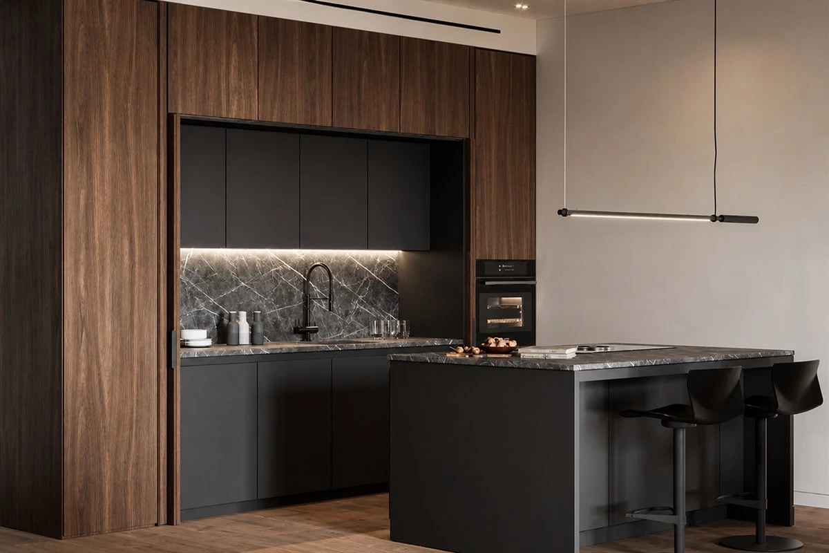Black and wood open modern kitchen with sliding doors Open modern kitchen with black cabinets, wood veneer, sintered stone and sliding doors