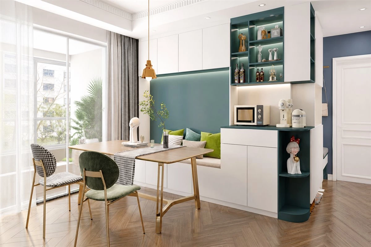 Booth-style dining sideboard storage Booth-style dining sideboard with integrated seating and storage