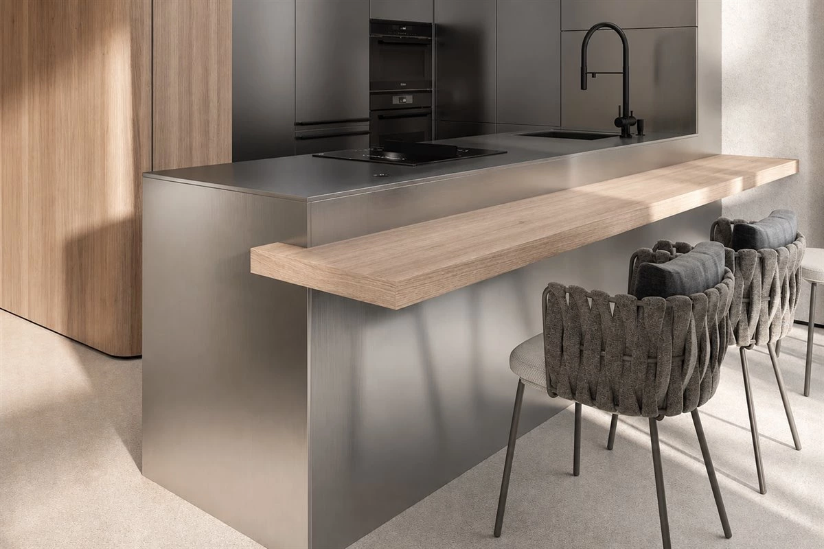 Brushed Stainless Steel Kitchen Island Bar Brushed stainless steel kitchen island with wood breakfast bar and handleless cabinets