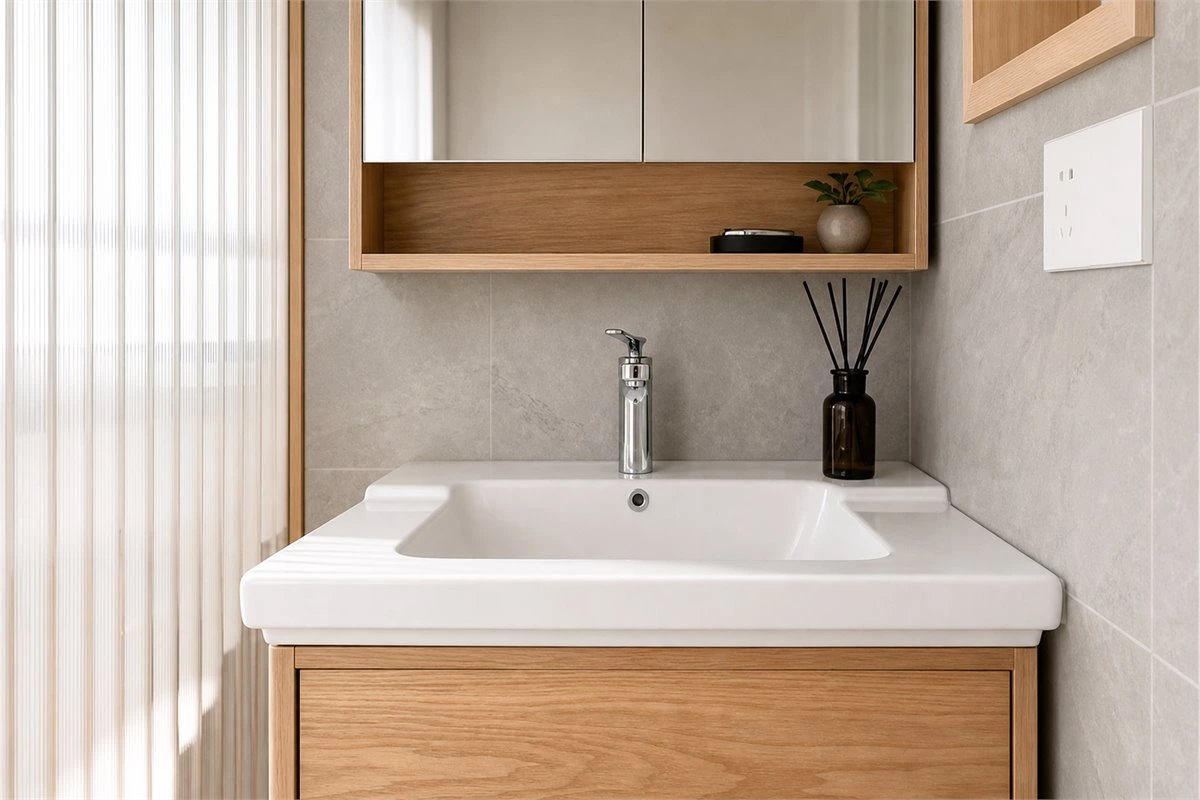 Closed mirrored bathroom cabinet with concealed toiletries storage