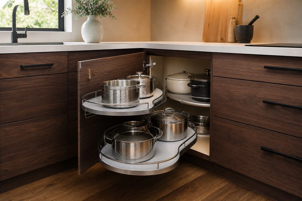 Corner cabinet hardware with lazy Susan and pull-out storage solution Corner cabinet hardware with lazy Susan and pull-out storage solution