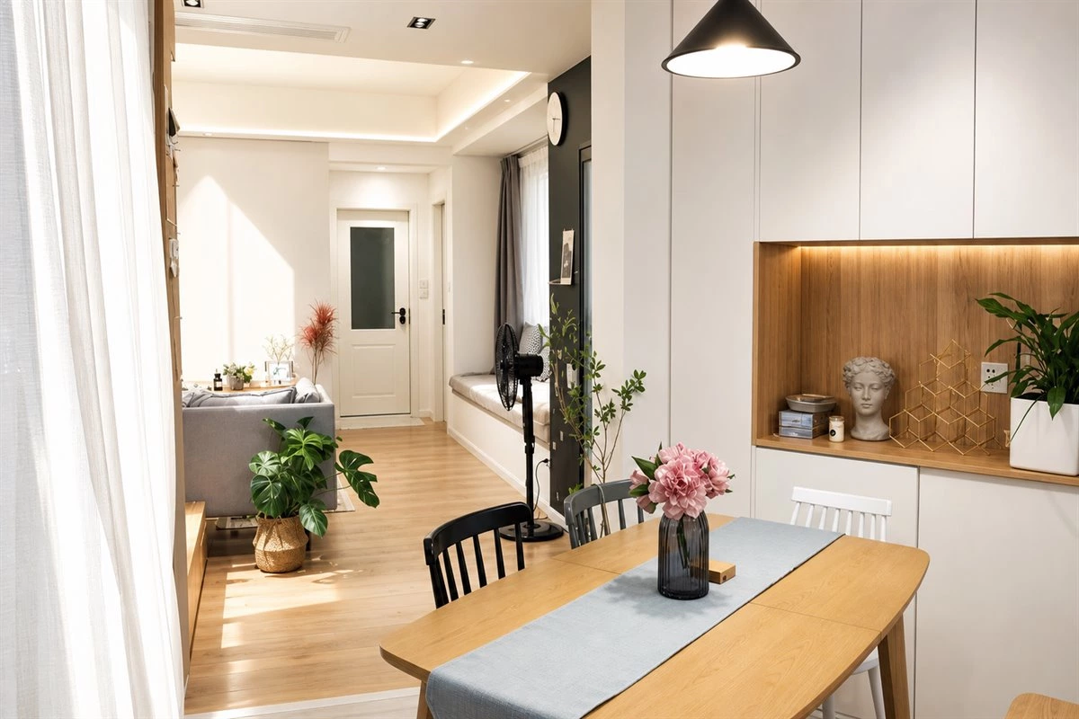 Corner dining sideboard maximizing unused dining room space