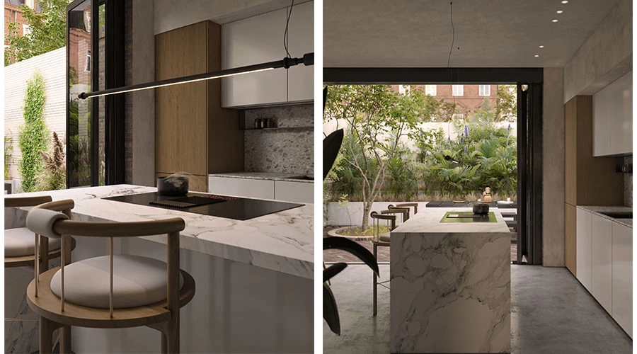 Courtyard Connected Open Kitchen With Island | A Minimal Living Space