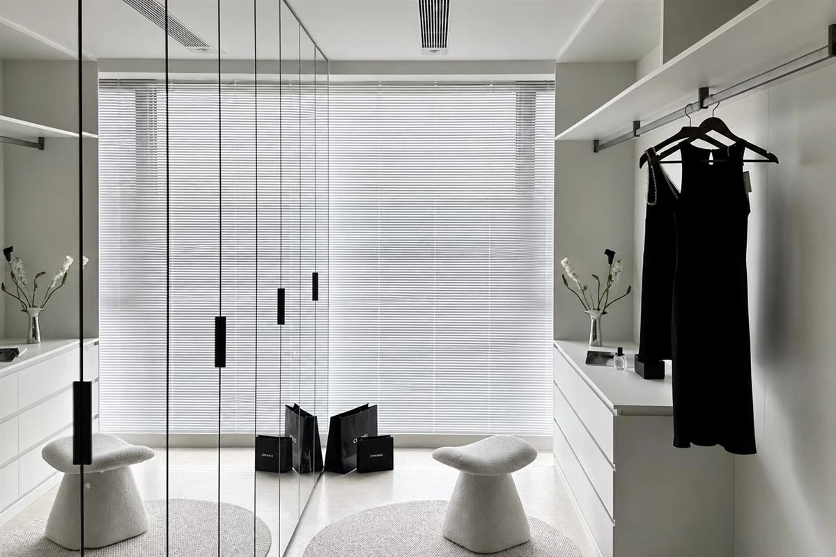 Curated walk in closet organization with categorized storage zones