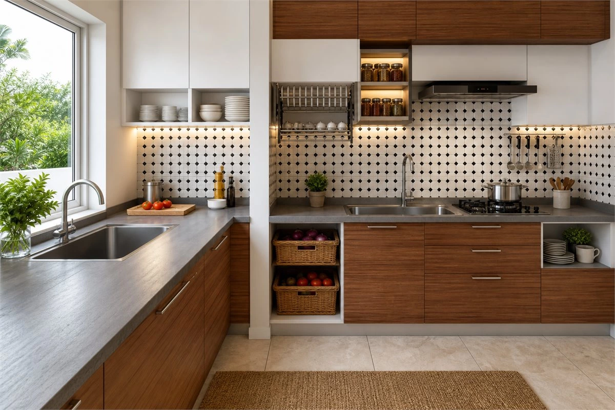 Dual sink kitchen layout with separate preparation and cleaning zones