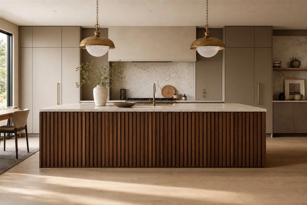 Contemporary fluted walnut kitchen cabinet door and island design