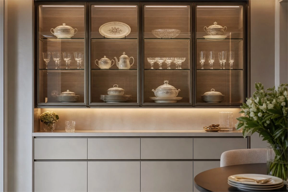 Glass-front kitchen cabinet storage for china display with closed lower cabinets