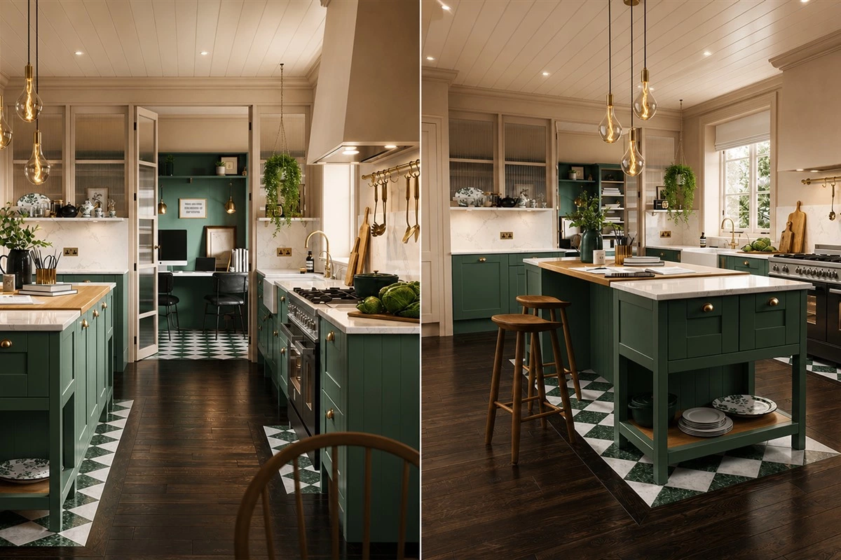 Green and off-white Shaker kitchen with decorative glass and gold accents