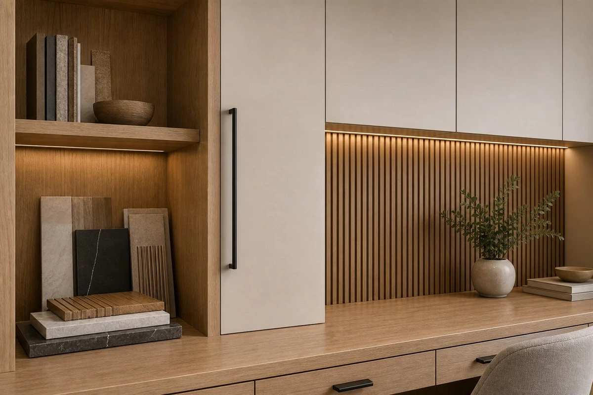 custom home office cabinet materials with wood veneer matte doors and wall panels