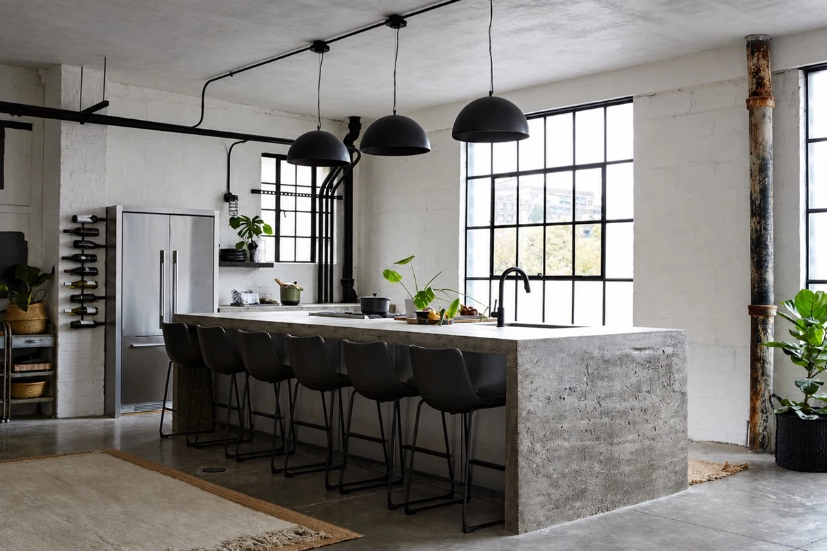 Industrial minimalist kitchen with concrete island and black accents