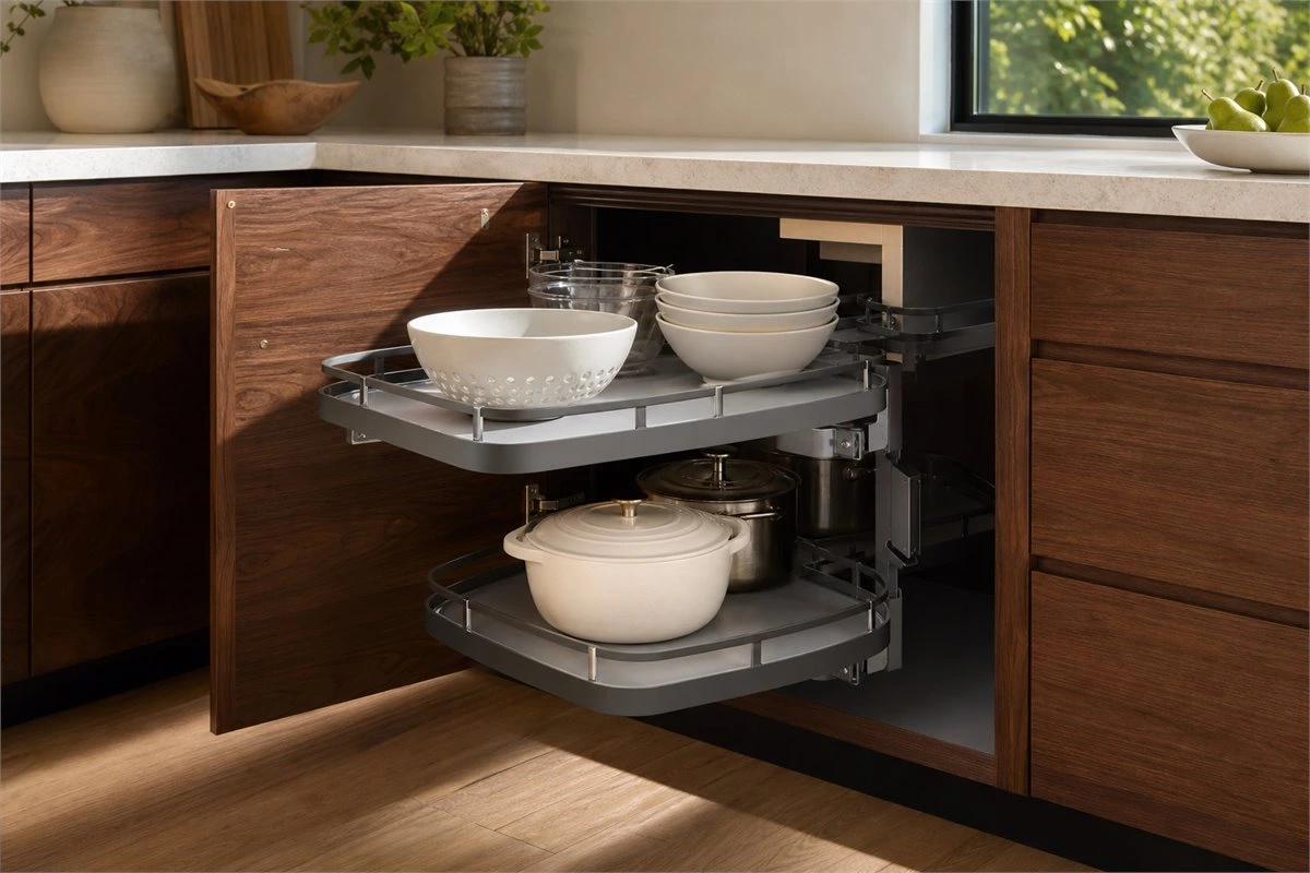 Modern kitchen corner cabinet pull-out organizer for accessible storage