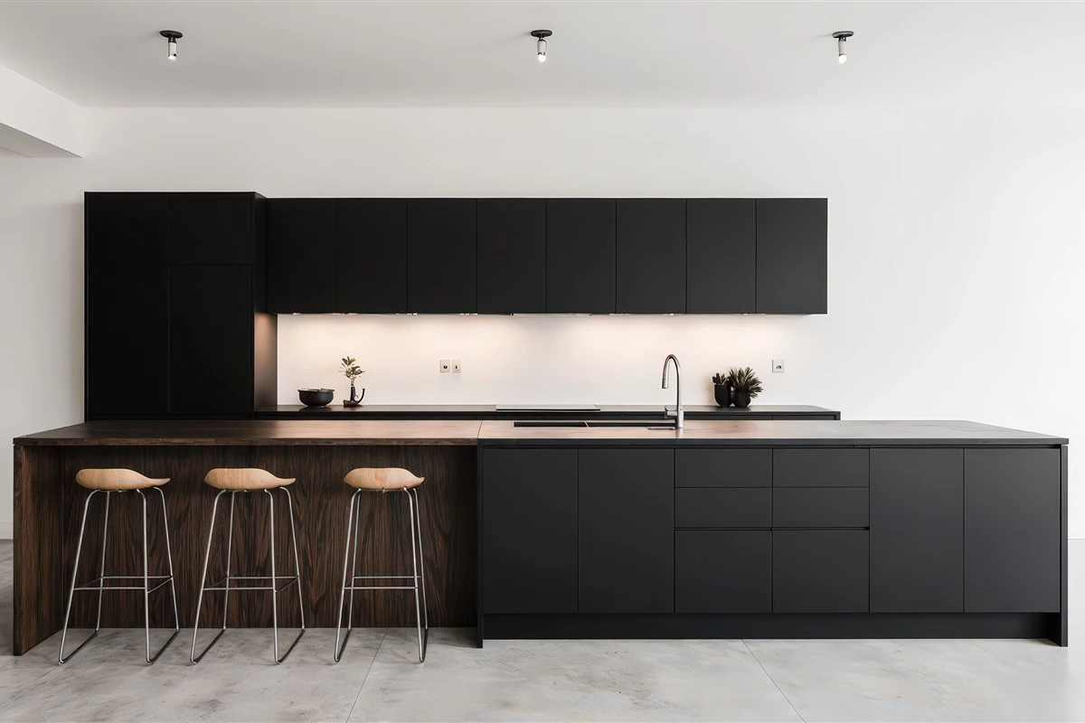Modern kitchen island with breakfast bar seating and dark wood cabinets