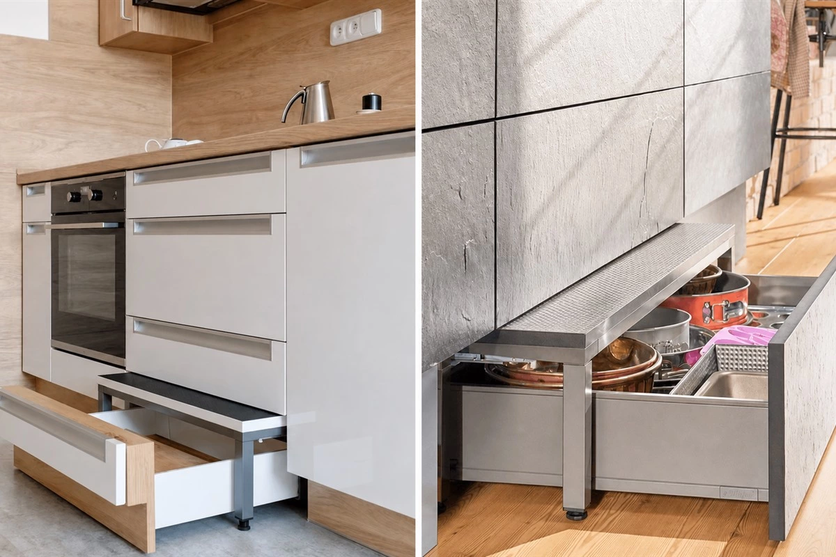 Kitchen toe-kick space step with hidden storage