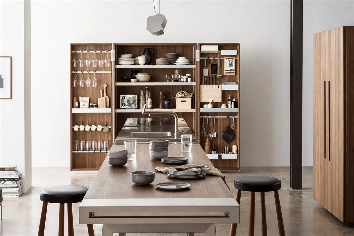 Modular stainless steel kitchen workshop layout with flexible work zones