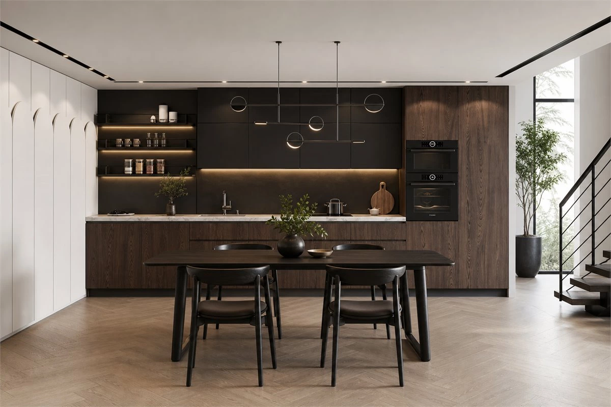 Linear Kitchen with Curved Stone Bar Counter Linear kitchen with a curved stone bar counter and integrated cabinets