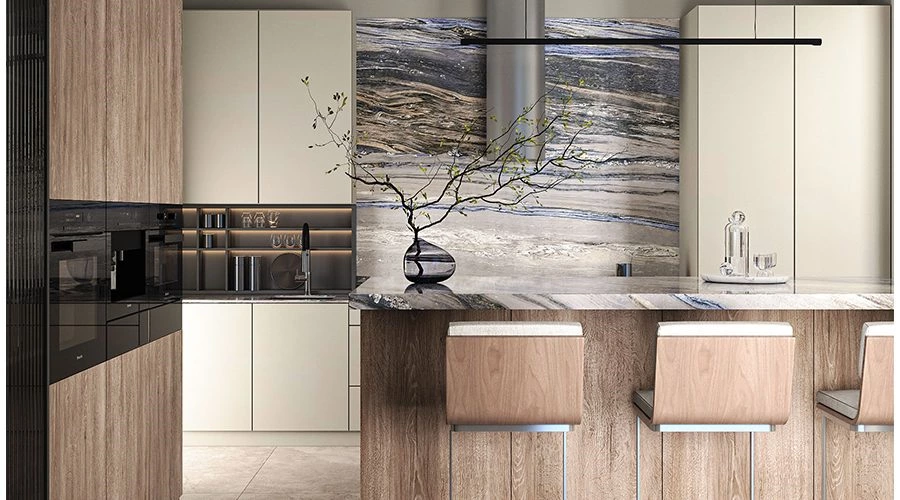 Sage Green Handleless Kitchen Cabinets with Sintered Stone