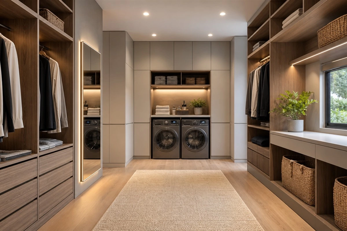 Modern custom walk-in closet laundry room with integrated storage