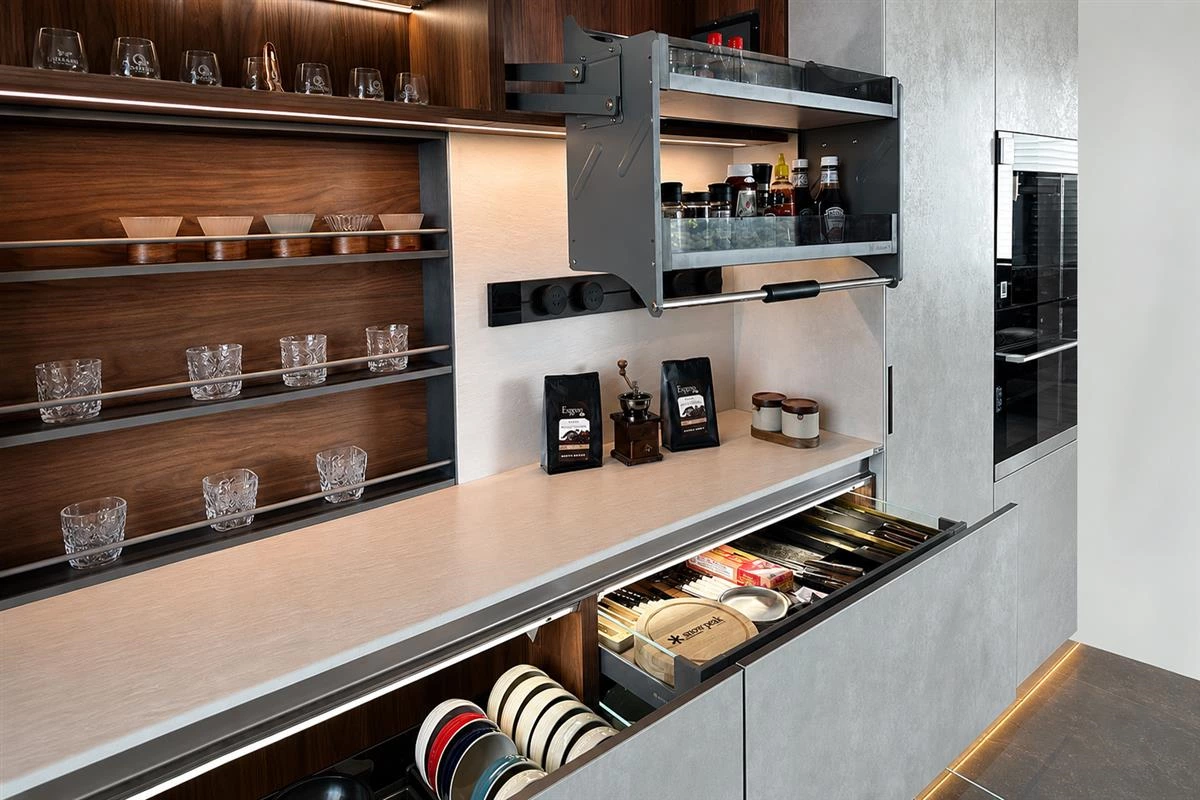Open shelving and closed storage cabinet combination