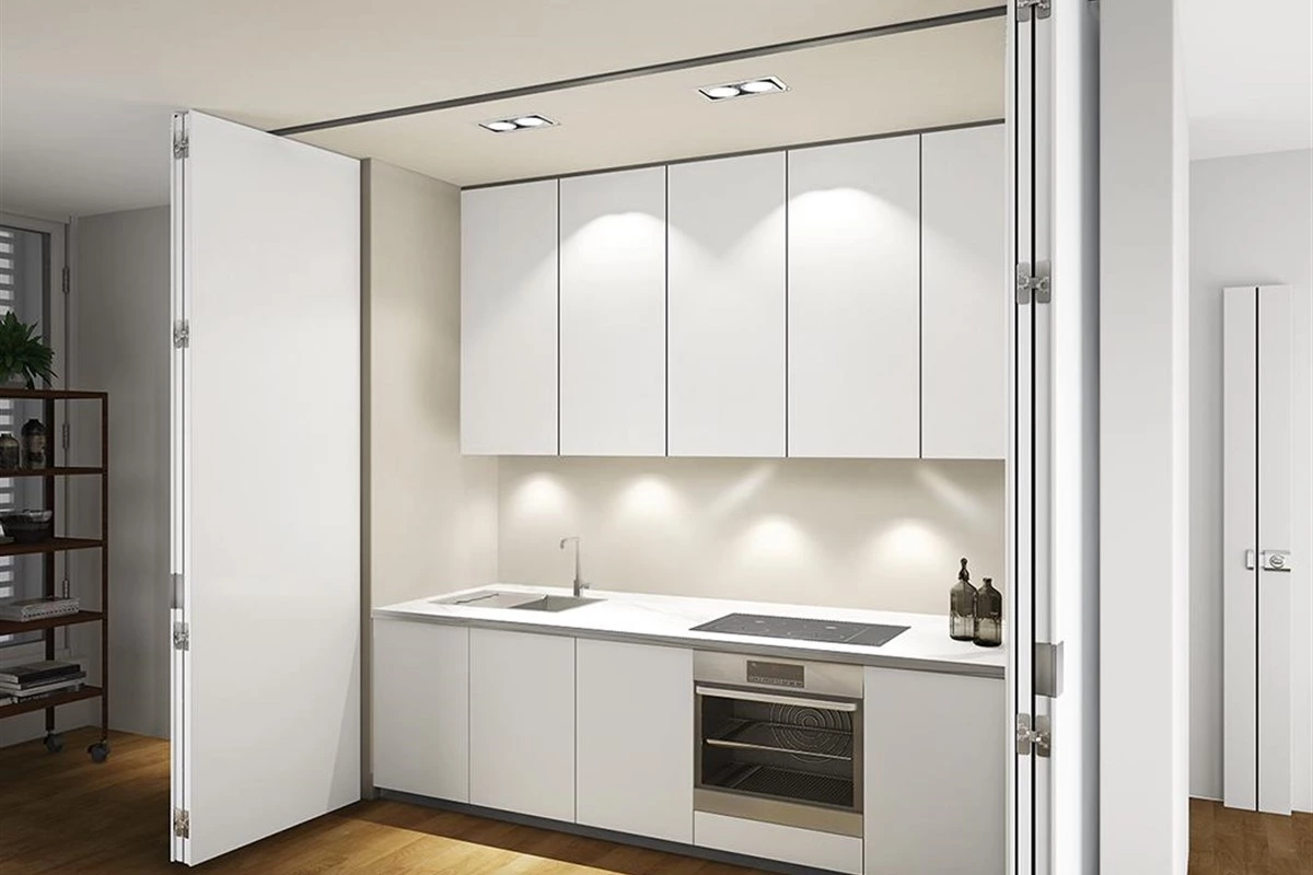 Pocket door hidden kitchen appliance station