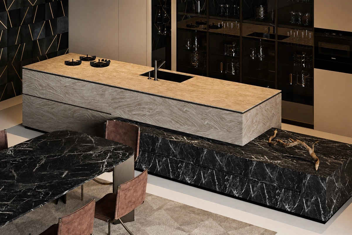 Kitchen island with quartz worktop and premium material finishes