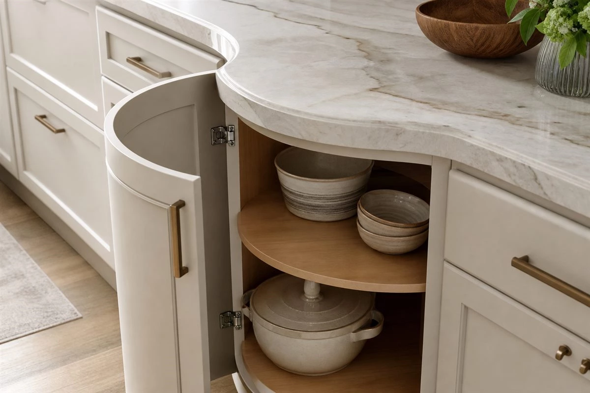 Rounded kitchen cabinet corner with practical door opening