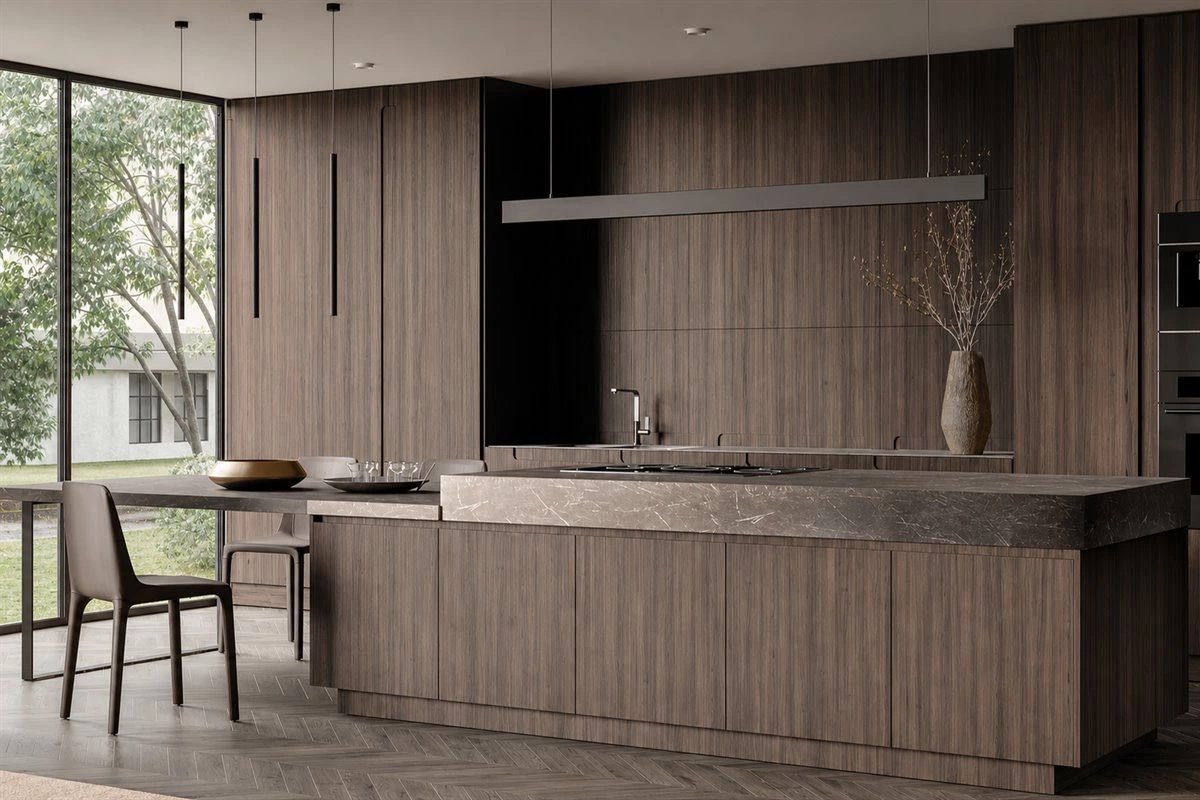 Rustic wood kitchen with sintered stone countertop glass doors and pendant lights