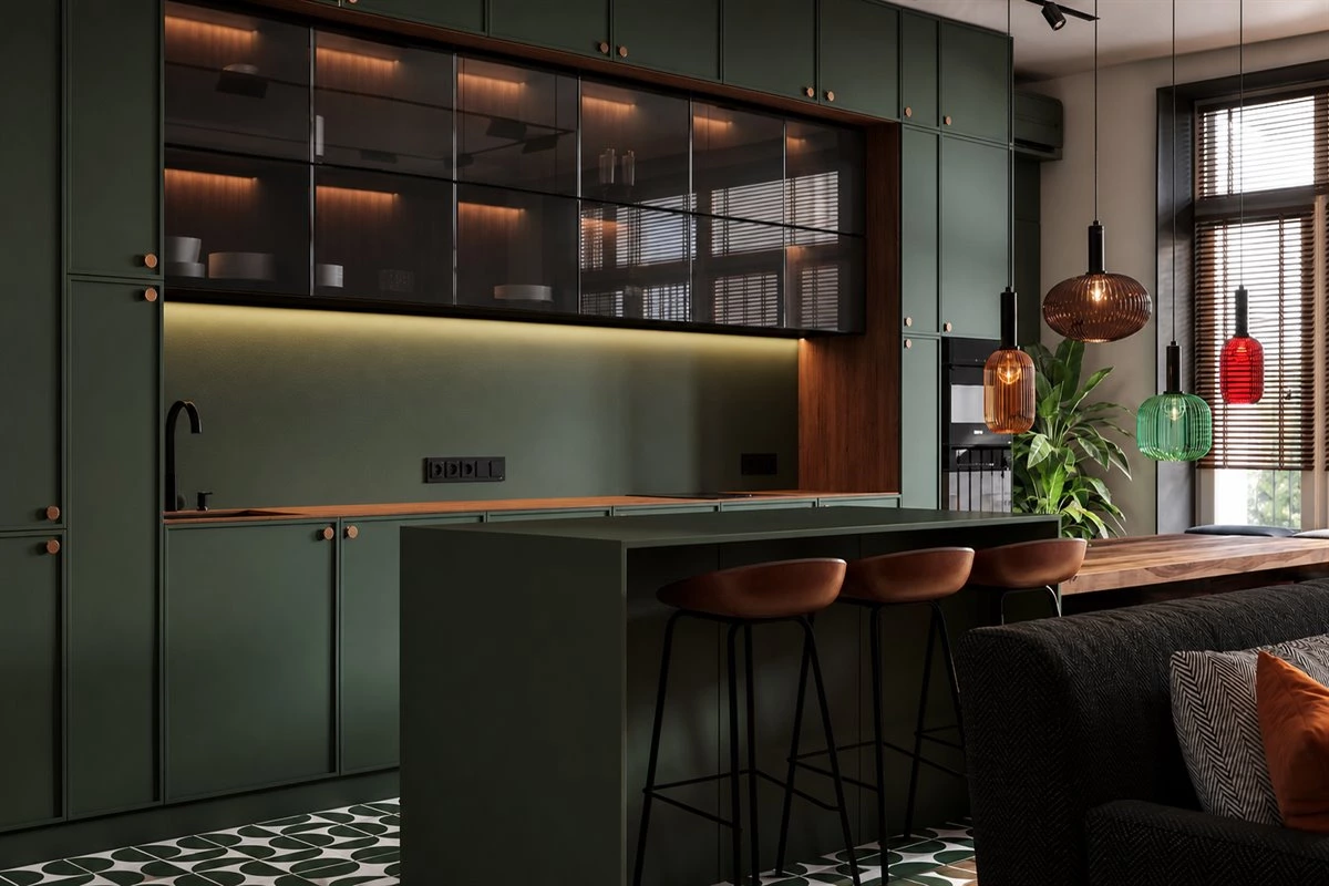 Saturated green kitchen cabinets with glass wall cabinets brass handles and wood countertop