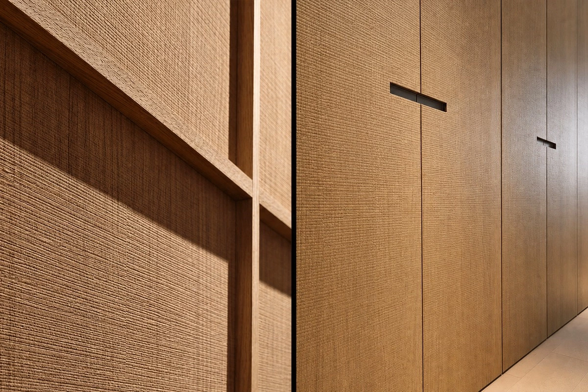 Saw-cut veneer texture on an architectural wall panel