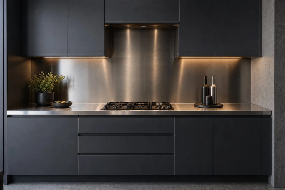 Stainless steel countertop and backsplash with dark grey minimalist kitchen cabinets