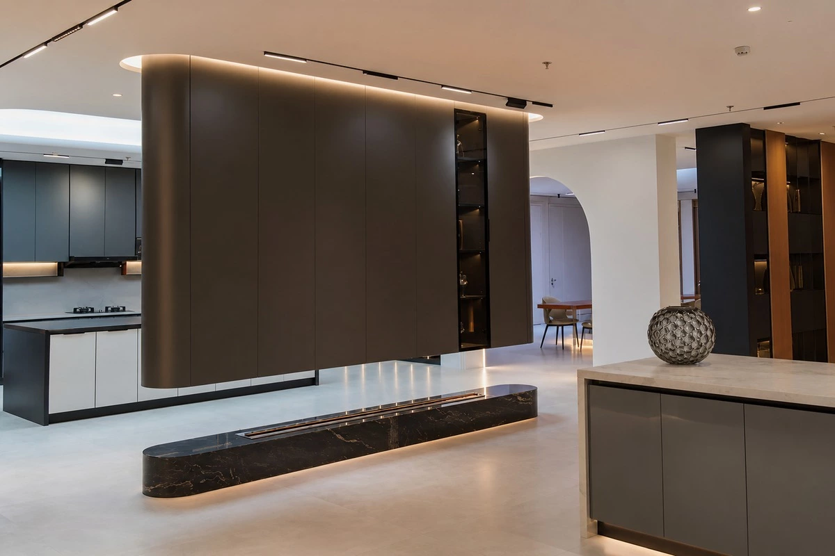 Suspended cabinet design in an open-plan living interior