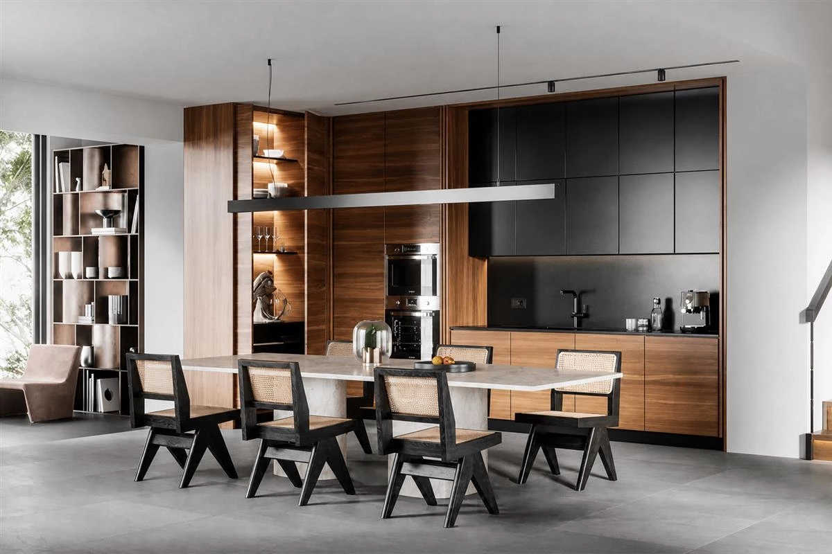 Textured kitchen cabinet finishes with recessed cabinet fronts
