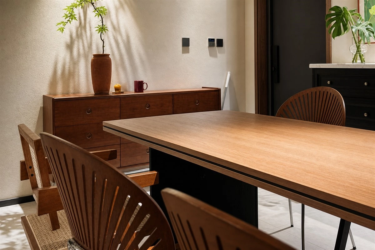 ABA sandwich tabletop detail with layered cabinet board edges
