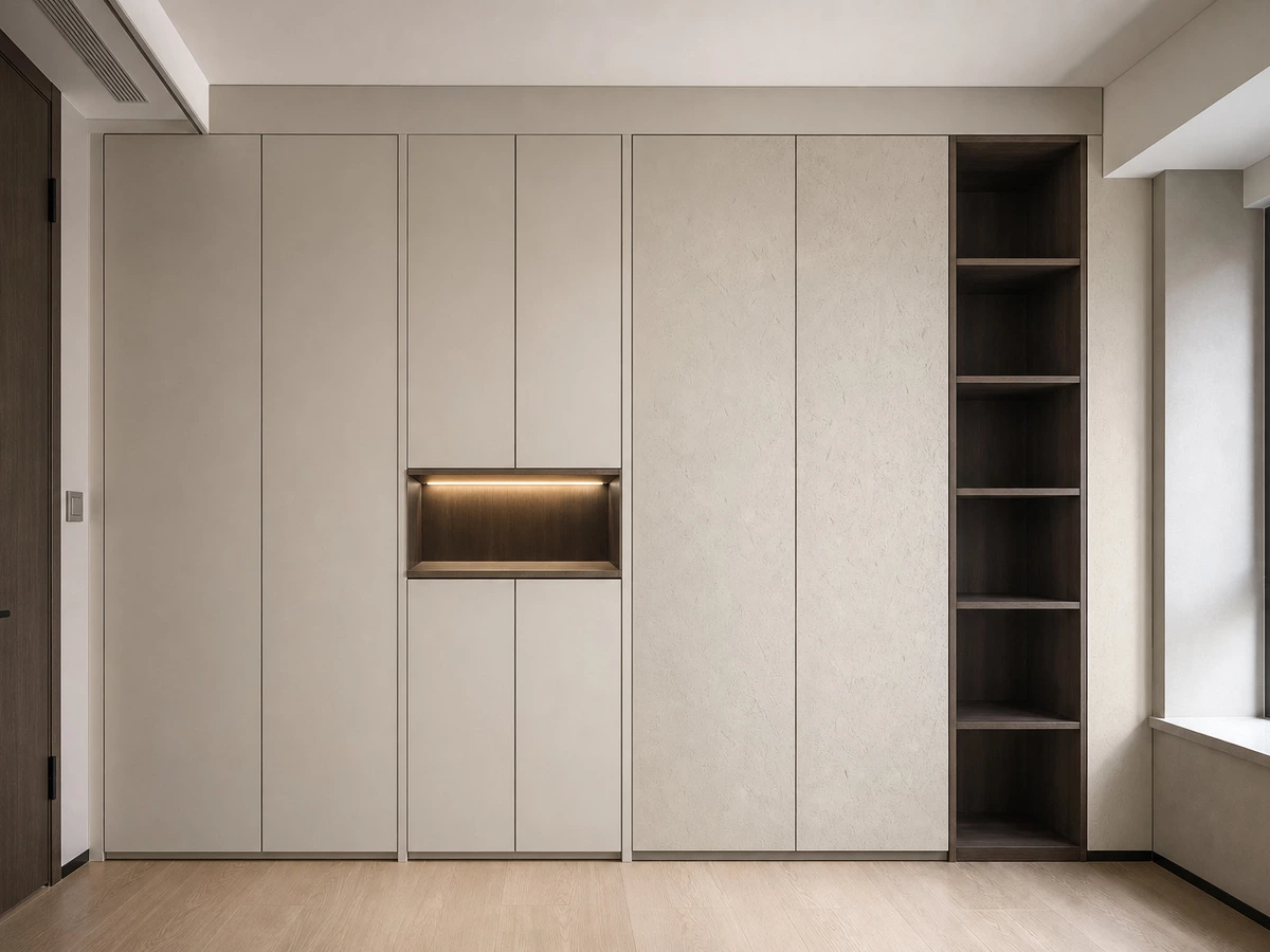 OSB wardrobe doors with minimalist push-open appearance