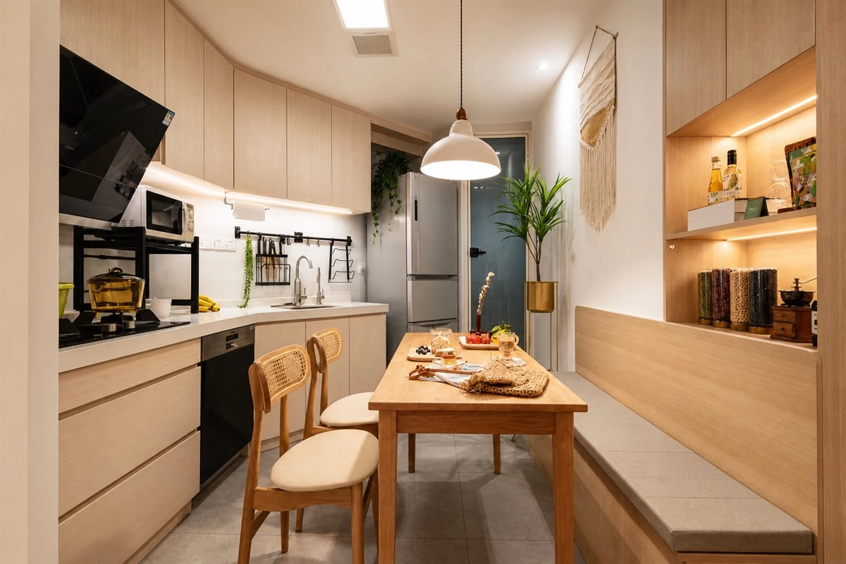 Booth seating with wall-mounted dining sideboard storage cabinets