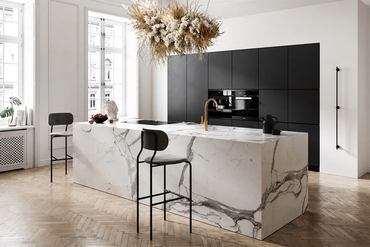 Contrasting kitchen island color with light kitchen cabinets