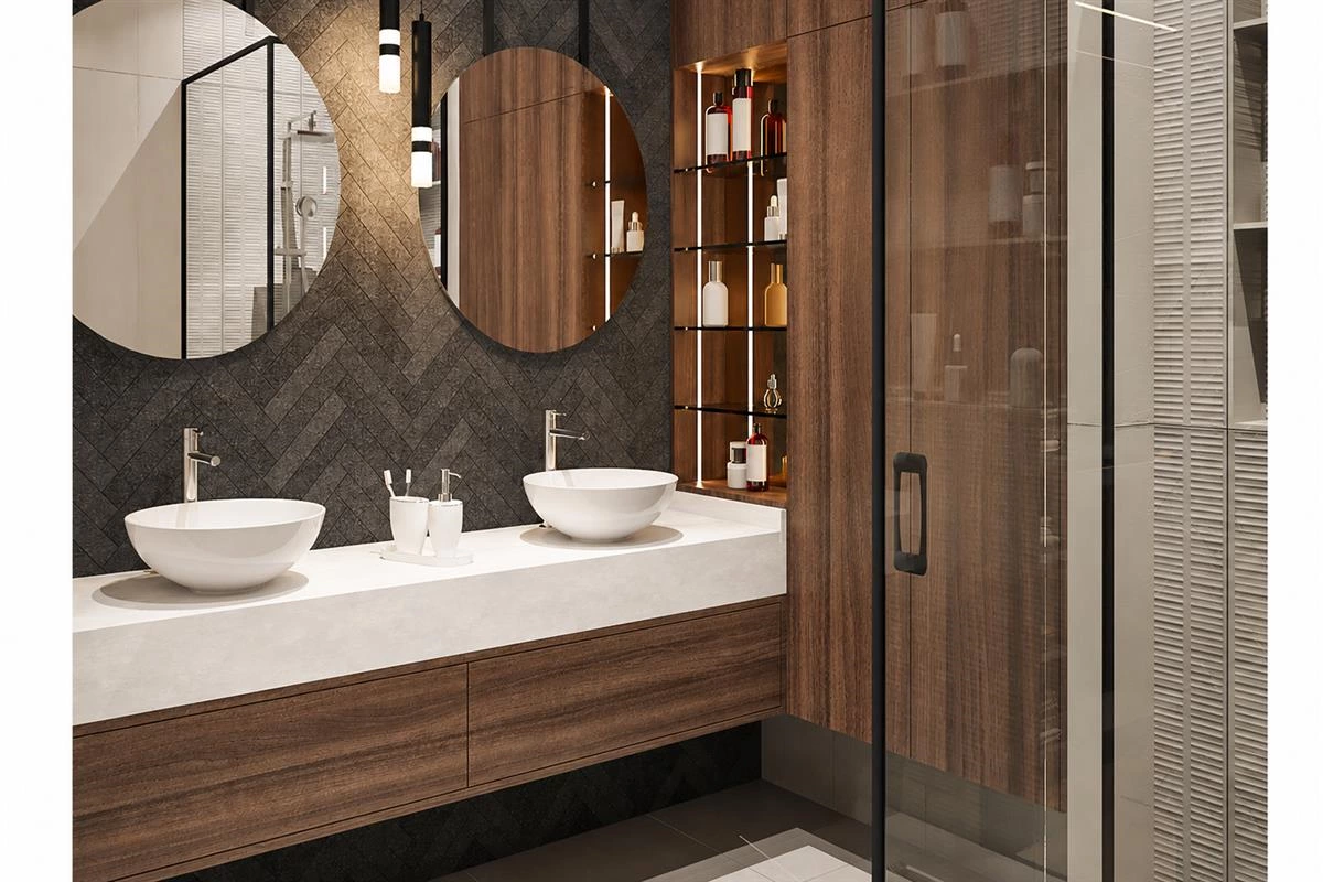 Bathroom vanity with coordinated tile wall and display niche