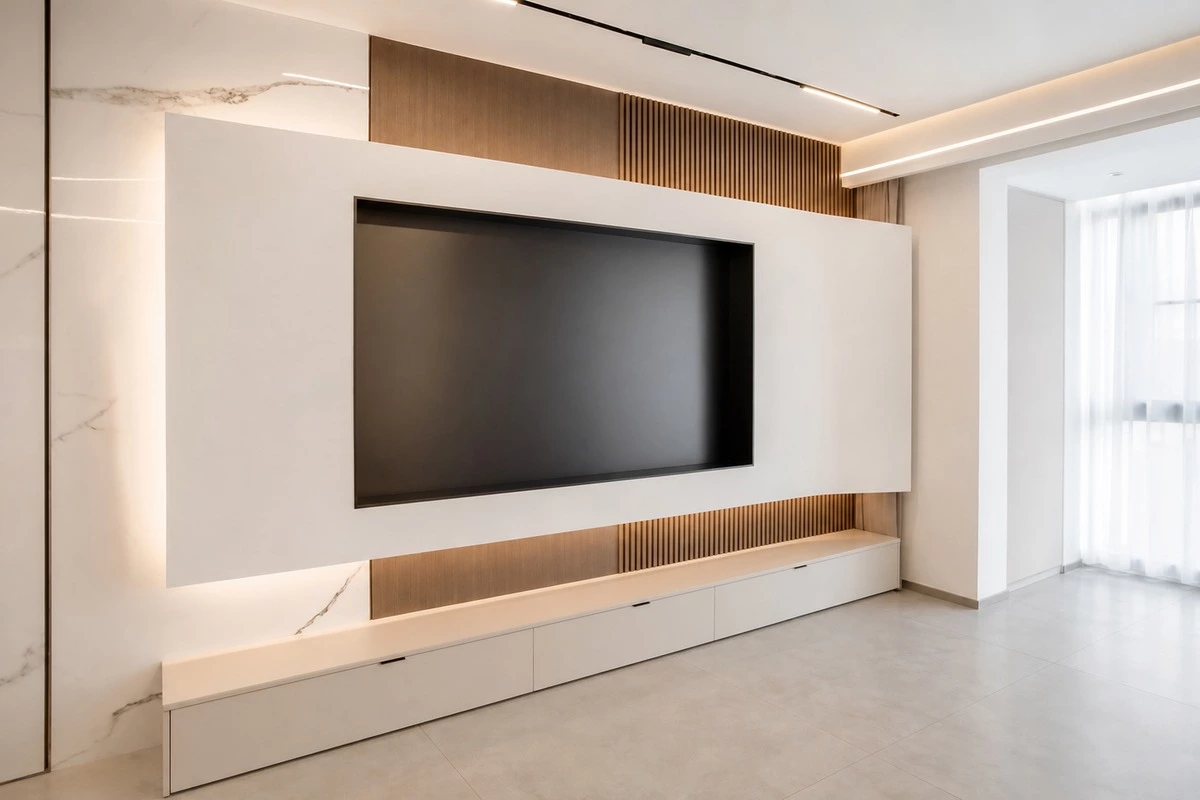 Floating TV console with LED lighting in a modern living room