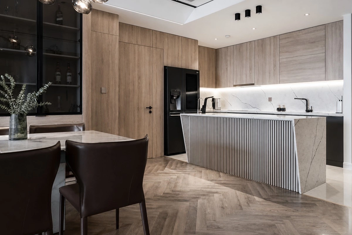 Fluted kitchen island base with modern vertical detailing
