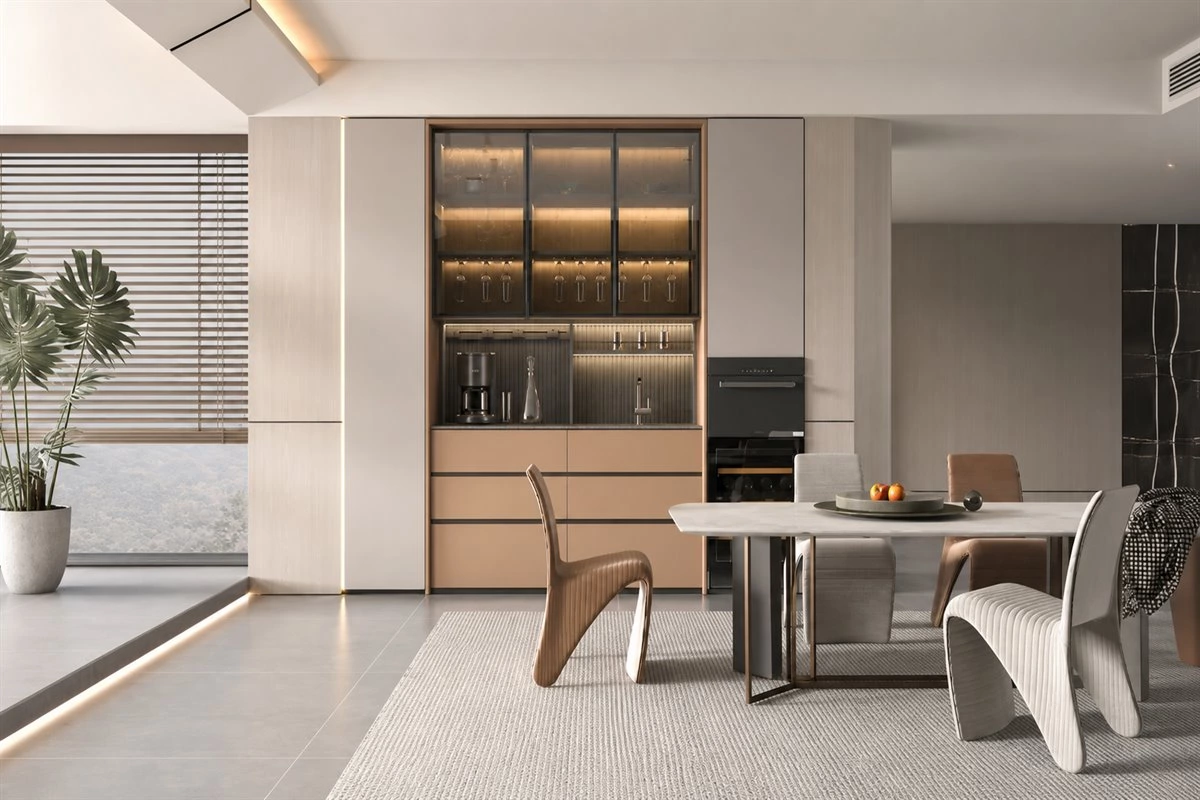 Freestanding ceiling-height dining sideboard Freestanding ceiling-height custom dining sideboard for a large dining room